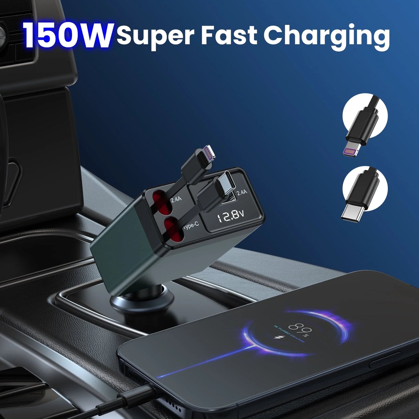 Retractable Car Charger Adapter,150W Fast Charger for Car, 4 in 1 Car Phone Charger with Cables(2.6Ft),180° Adjustable,Voltage Display-Green