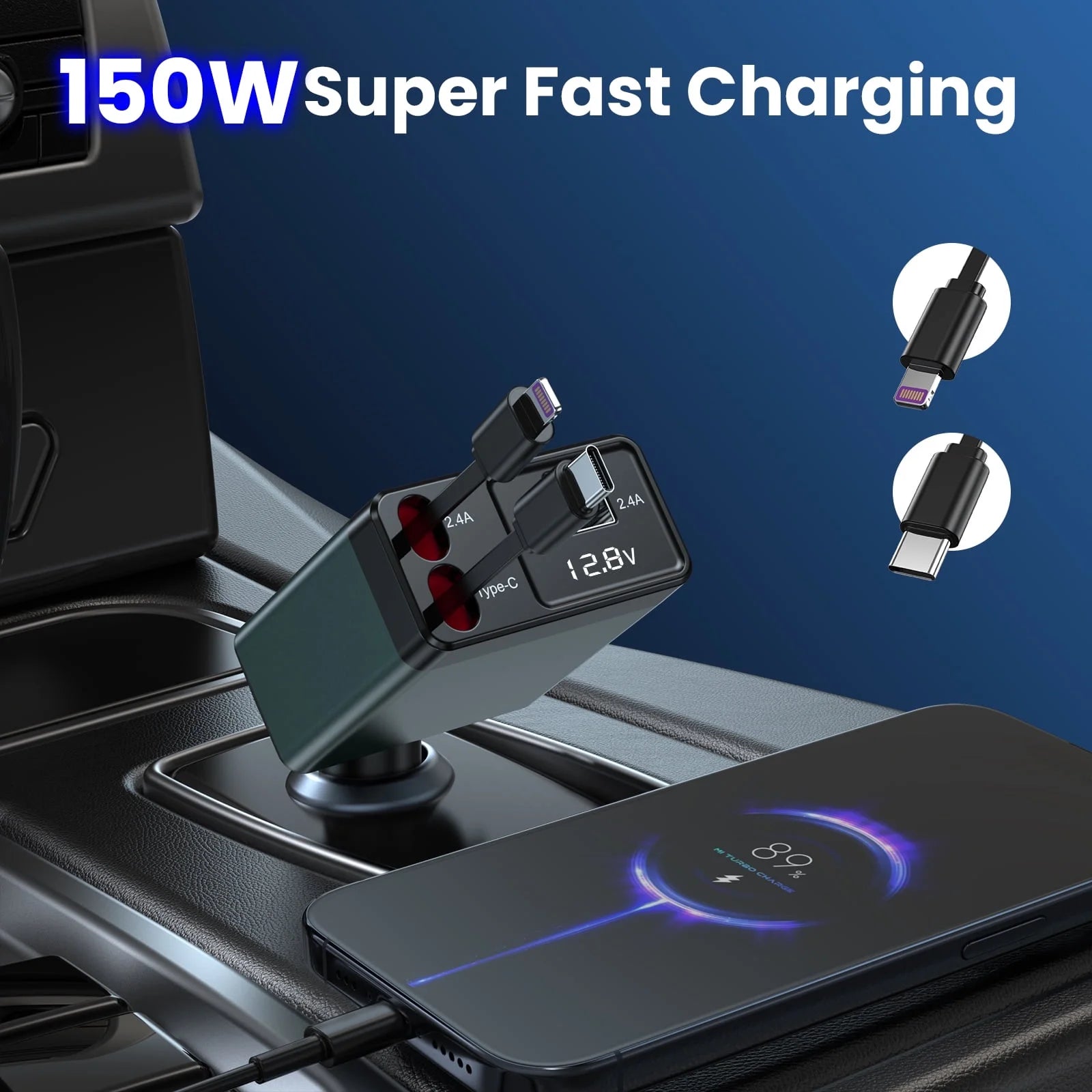 Retractable Car Charger Adapter,150W Fast Charger for Car, 4 in 1 Car Phone Charger with Cables(2.6Ft),180° Adjustable,Voltage Display-Green