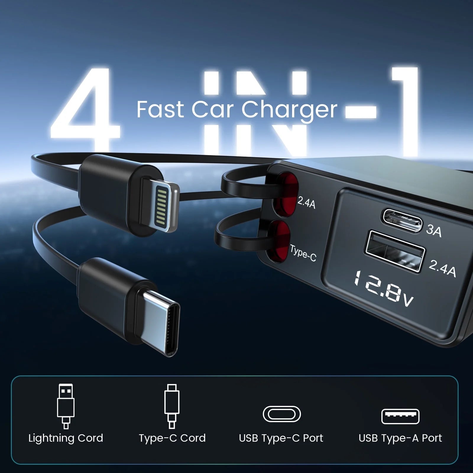 Retractable Car Charger Adapter,150W Fast Charger for Car, 4 in 1 Car Phone Charger with Cables(2.6Ft),180° Adjustable,Voltage Display-Green