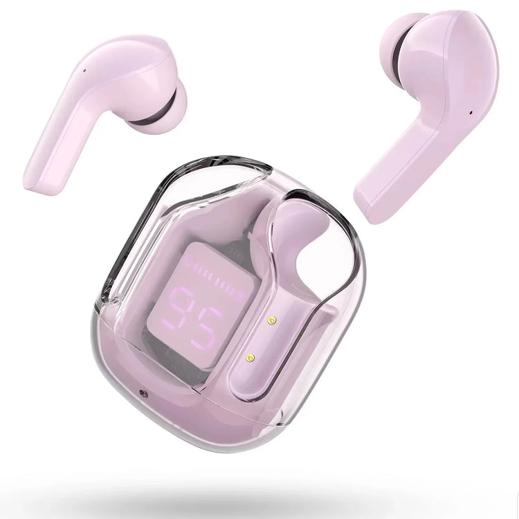 Crystalbeats BT30: Transparent TWS Bluetooth 5.3 Earbuds with Digital Display & Noise Canceling