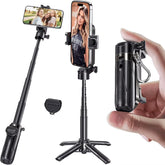 3In1 Selfie Stick Tripod Handle Phone Tripod Selfie Stablizer W Bluetooth Remote Phone Holder for Iphone 16 15 14 13 12 Android