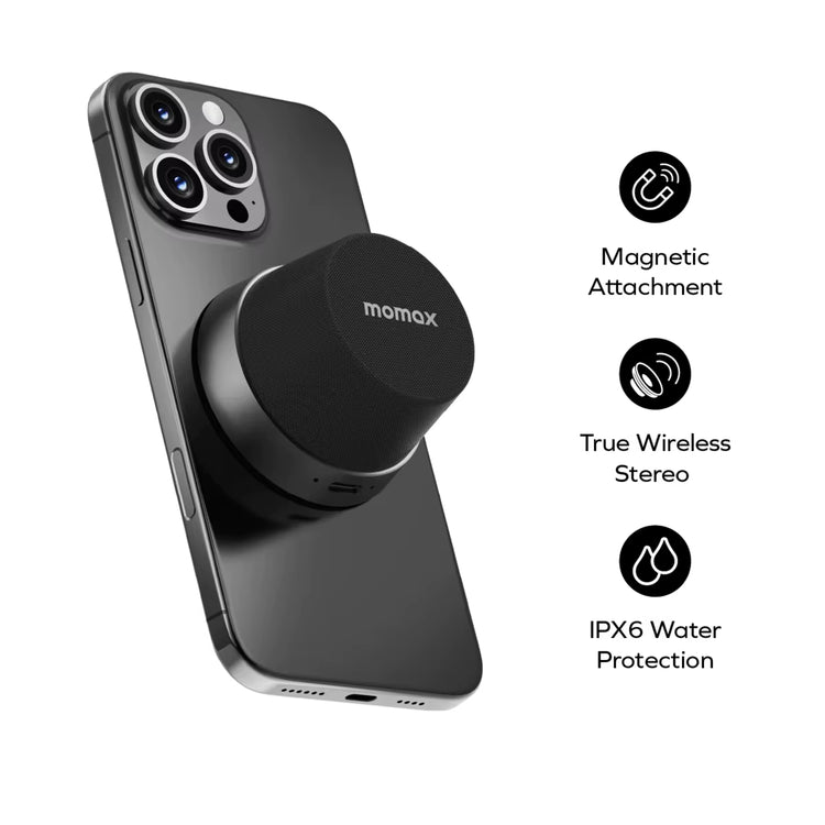 MOMAX 1-Vibe Go: Magnetic Wireless Speaker & Phone Stand with IPX6 Waterproof Protection