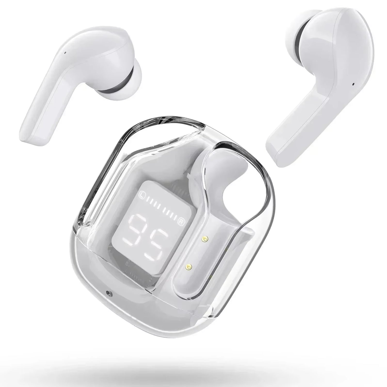 Crystalbeats BT30: Transparent TWS Bluetooth 5.3 Earbuds with Digital Display & Noise Canceling